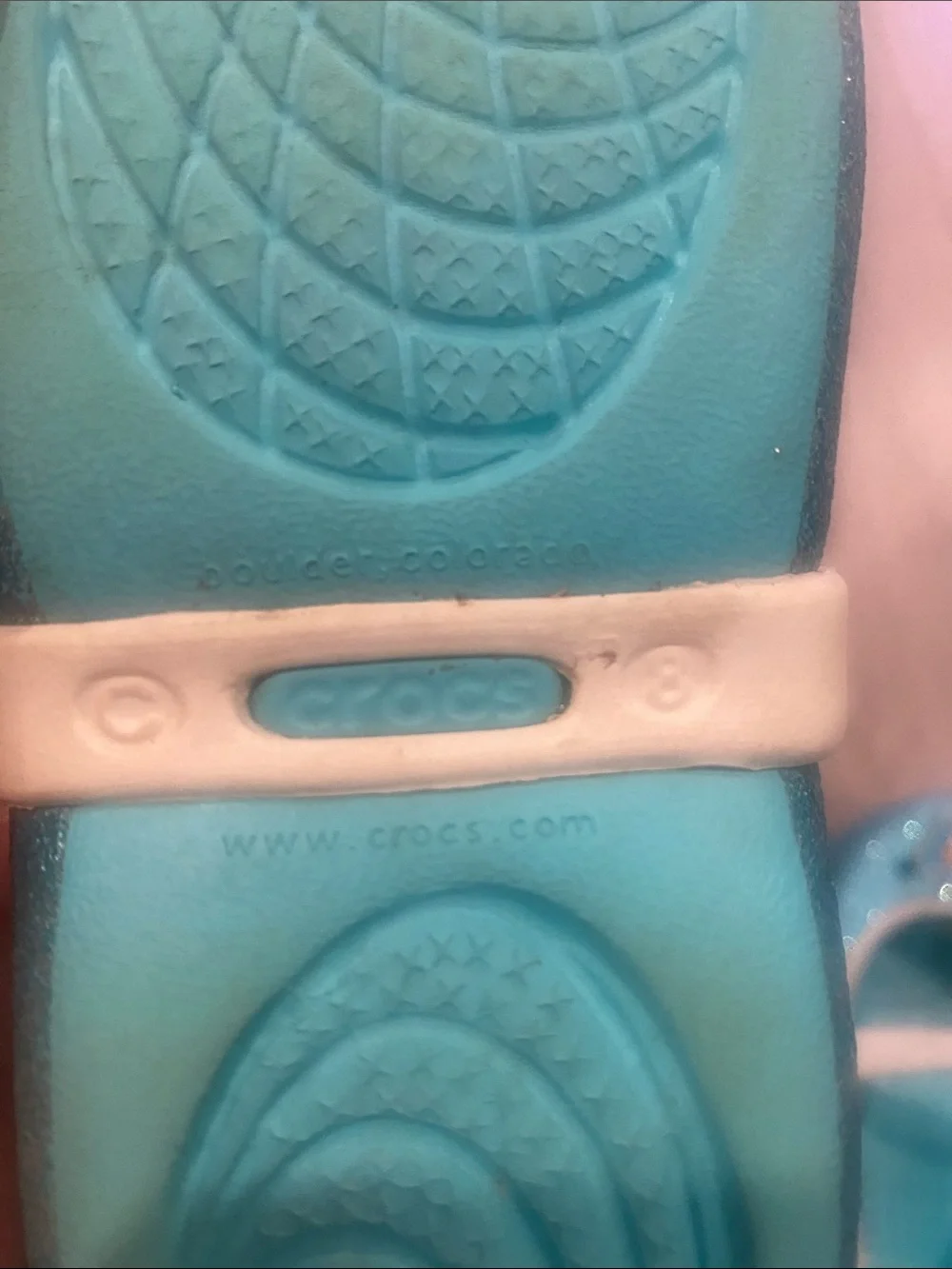 CROCS Kids Glitter Teal Blue Mary Jane Shoes with Frozen Heart Charms